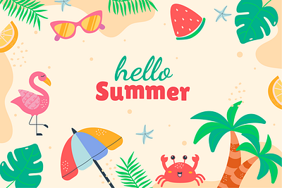 Flat hello summer background doodle style. Kawaii background crab cute doodle flamingo flat hello summer kawaii palm summer summer vibes the beach tropical