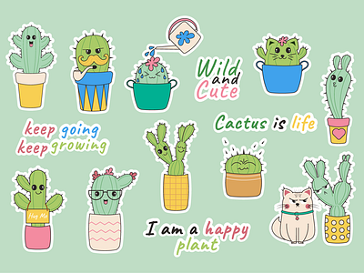 Funny kawaii cactus stickers. Cartoon cactus cacti cactus cartoon character funny green houseplant kawaii mexican nature plant pot stickers