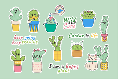 Funny kawaii cactus stickers. Cartoon cactus cacti cactus cartoon character funny green houseplant kawaii mexican nature plant pot stickers