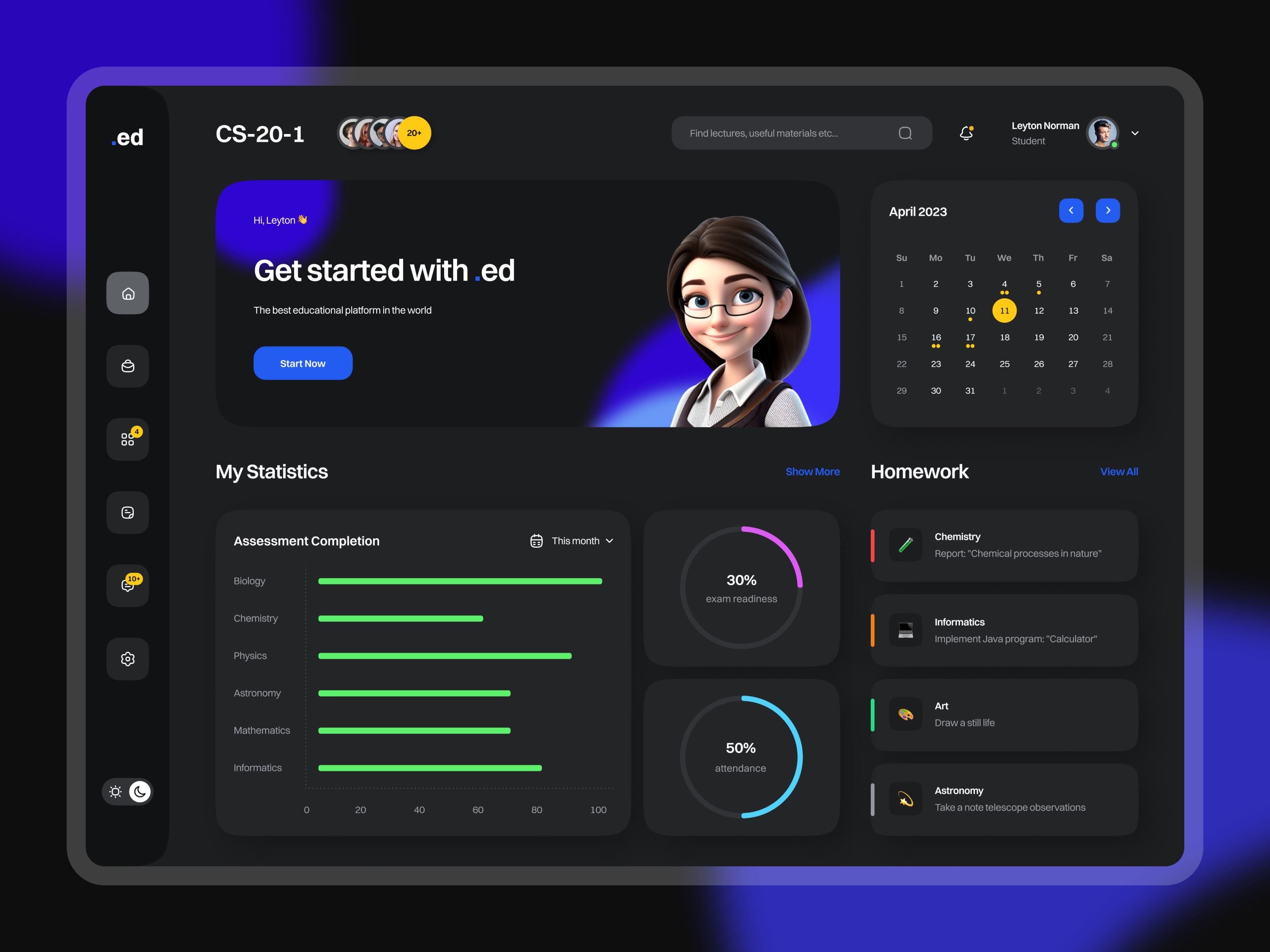 Educational dashboard 3d clean dark mode dashboard design education gotoinc learning minimal ui