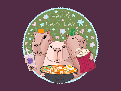 Happy Capy Day bubble tea capybaras character characters child illustration chips illustration magazine illustration procreate ramen