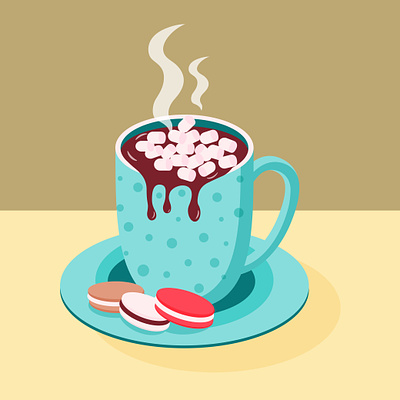 Cup with hot chocolate, marshmallows and cookies. Illustration mocha