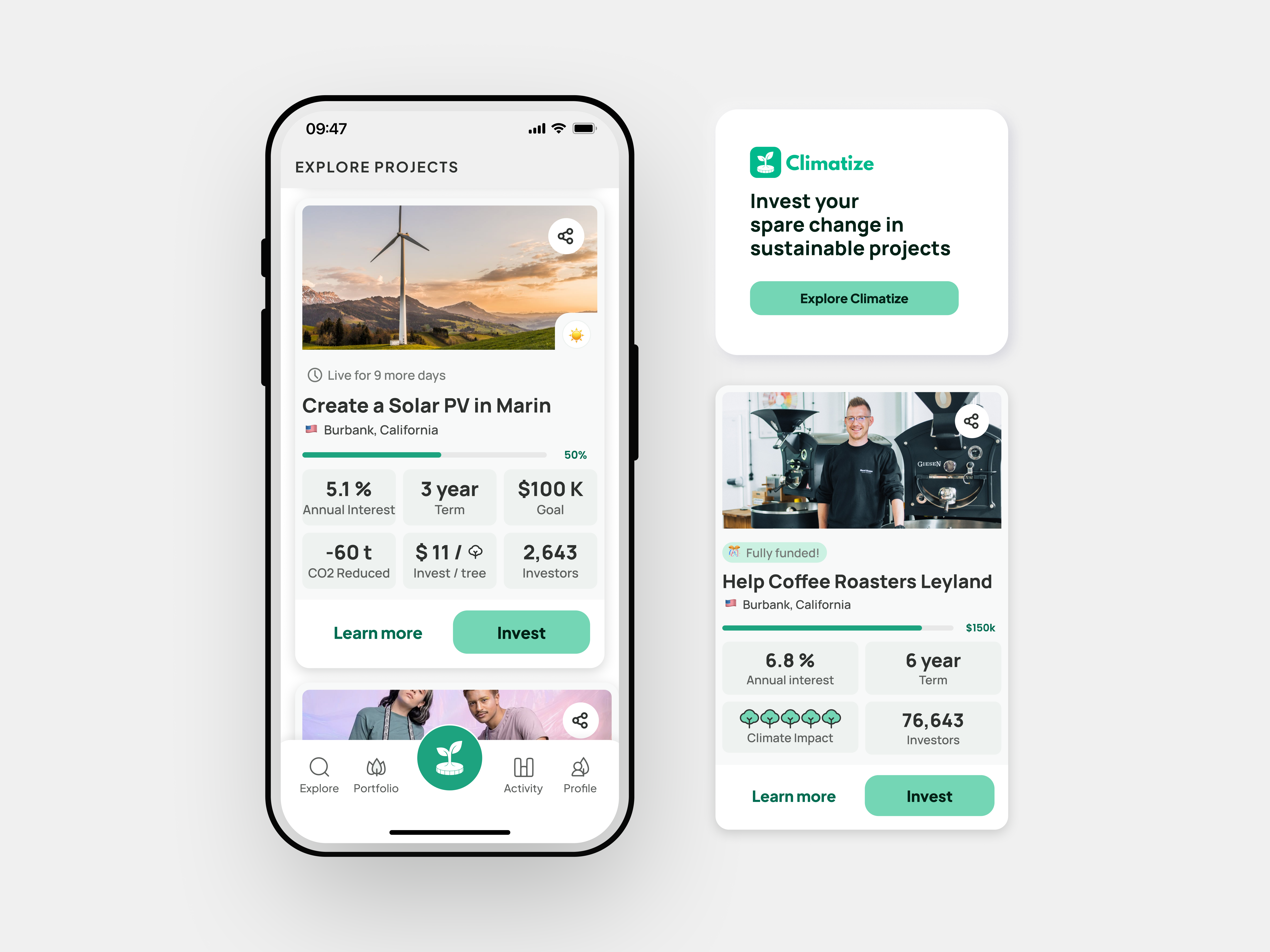 Climatize Earth app mobile startup sustainability ui usa ux