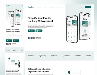 AppZest - Mobile Banking App Landing Page UI Design app arabirofficial design fintech fintech landing page interaction design landing landing page design minimaldesign mobileapp responsive trending ui uiux ux