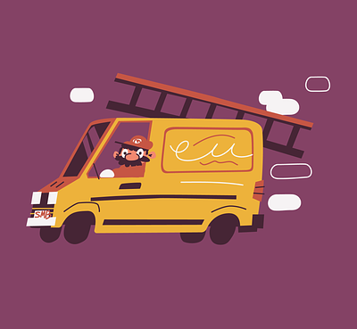 Wow it really is me, Mario. boston car cartoon character character design clouds colorful flat hero illustration illustrator ladder mario mascot silly simple truck van vector wheel