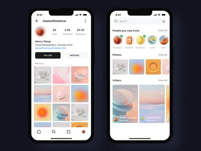 Profile and search page | Whisker design follow instagram modern photos profile search simple social media ui white