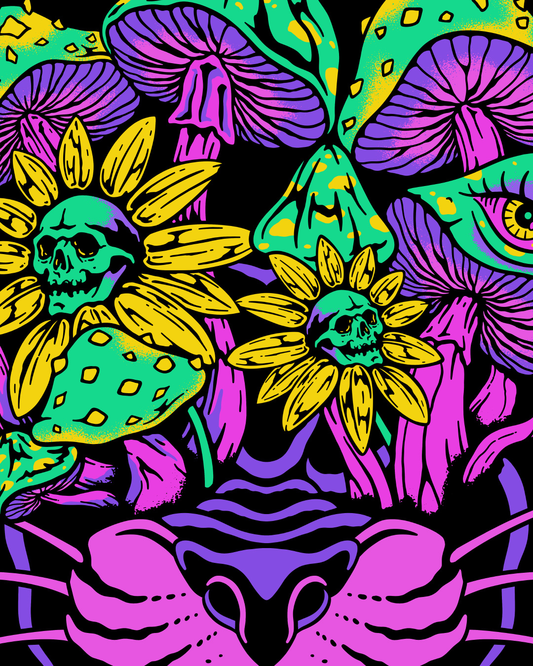 Panther Shrooms apparel clothing design illustration logo panther retro shroom skull t shirt tattoo