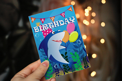 A wishing card with shark to congratulate with Happy Birthday celebration design graphic design happy birthday illustration poster shark underwater vector wishing card