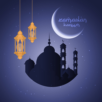 Ramadan kareem card moon with night view mosque design eid eid al fitr eid ual adha eid wishes graphic design illustration lantern moon mosque night view ramadan ramadan kareem