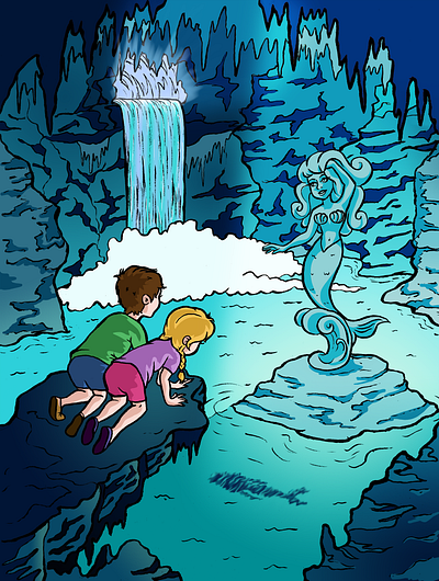 Secret Mermaid Grotto cartoon childrens book art illustration