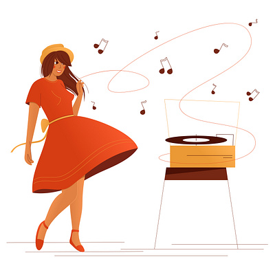 Dance moment dance enjoyment girl gramophone illustration leisure music red dress vector illustration young woman