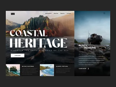 Coastal Heritage Travel Website clean climate concept creative dark design destination ecommerce editorial expedia hero section landing page layout minimal ocean travel ui ux water website