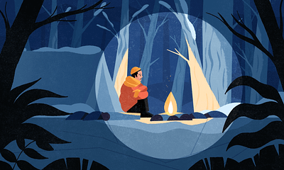 Website Illustration for Cancer Compass 2d 2d illustration blue cancer character character design editorial fire fireplace forest illustration illustrator landscape medical night oncology photoshop procreate texture winter