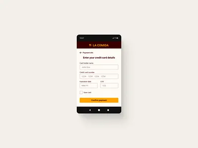 Restaurant app - Credit card details (UI challenge) android app checkout credit card credit card details design gird hierarchy mobile mobile app restaurant app ui ui challenge ux