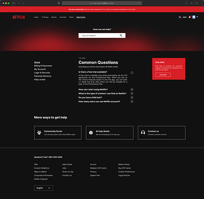 Netflix FAQ Page app black cinema clean ui creative dark dark ui faq interface minimal movies netflix popular product design red streaming tv show ui ux ux viral