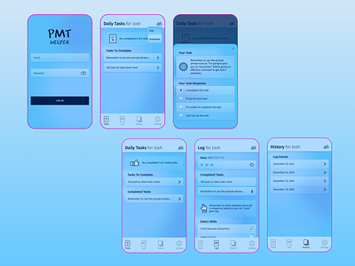 "PMT HELPER" / login / tasks / log / history android branding figma graphicdesign healthcare iconography icons mobile mobiledesign ui