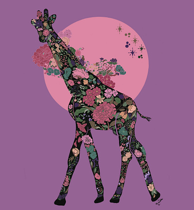 Giraffe at Dusk animal art branding design digital digital painting digital design floral flowers giraffe graphic design illustration logo pink wildlife