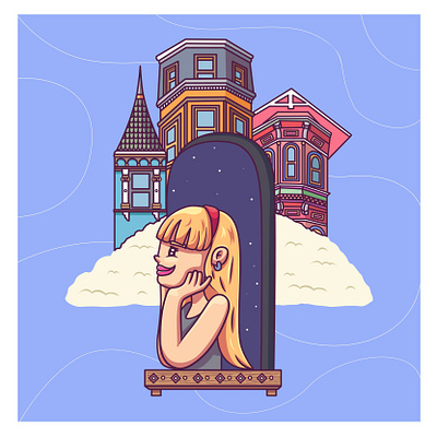 Woman in the window character city design girl house illustration vector victorian window