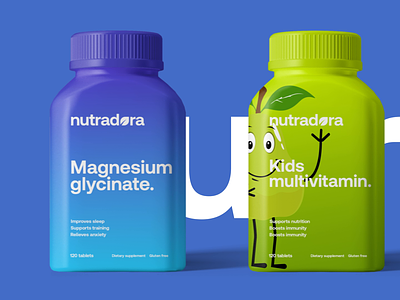 Nutradora Packaging and Branding bold branding color colorful health healthy leaf leaves logo modern multivitamin nature packaging simple supplements vitamins