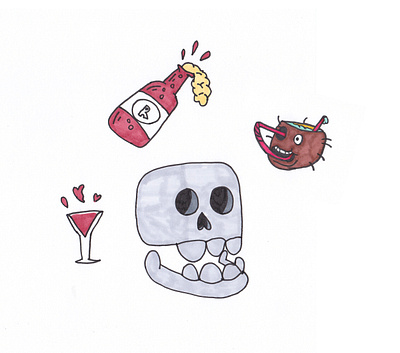 Don't Drink the Kool-Aid alcohol bones booze bottle cartoon character coconut drink drinking drinks hand drawn illustration island drink love potion markers martini skull spill
