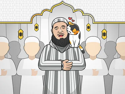 Fanart People Praying with Cute Cat on His Shoulder👳🏻‍♂️🐱 animals boy cat character climb cute face icon illustration imam kiss logo man mosque muslim pet prayer sholat shouder tarawih