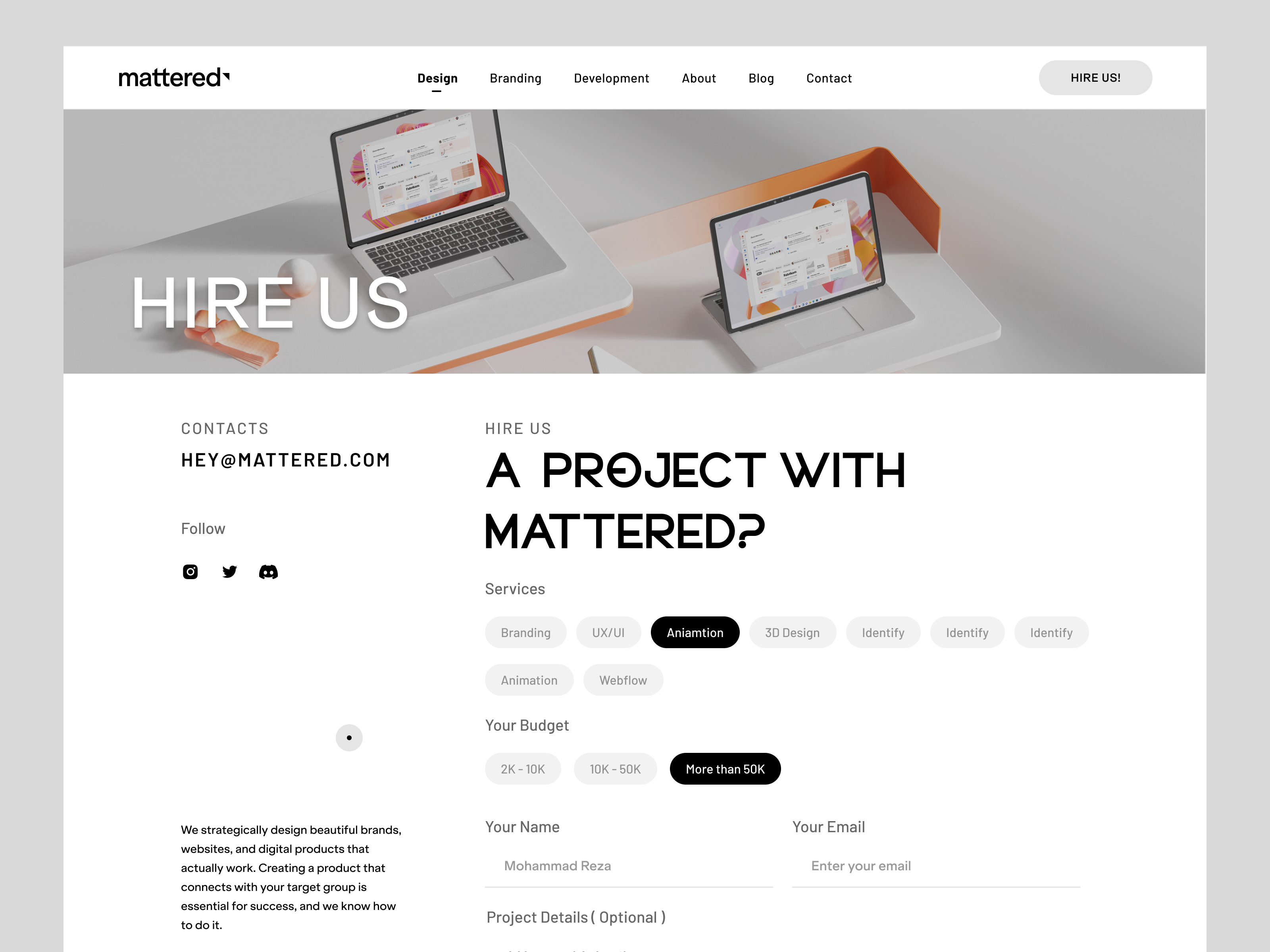 Contact Us Page - Prototype agency app branding breif budget contact contact us design hire hire us hiring minimal project ui web design website