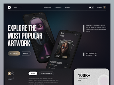 NFT Artwork Website Design dark mode design digital art inspiration landing page modern design nft nft app nft artwork nft landing page nft website trendy design ui ui design uidesign uiux web webs design website website design