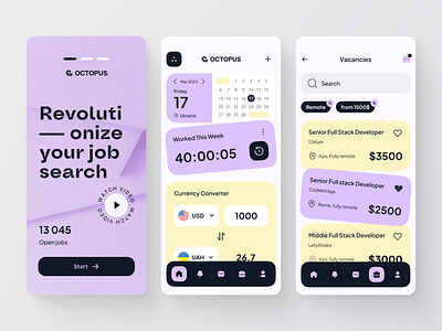 Octopus - modern job search mobile app app career design job job seeking light mobile purple ui ux yellow