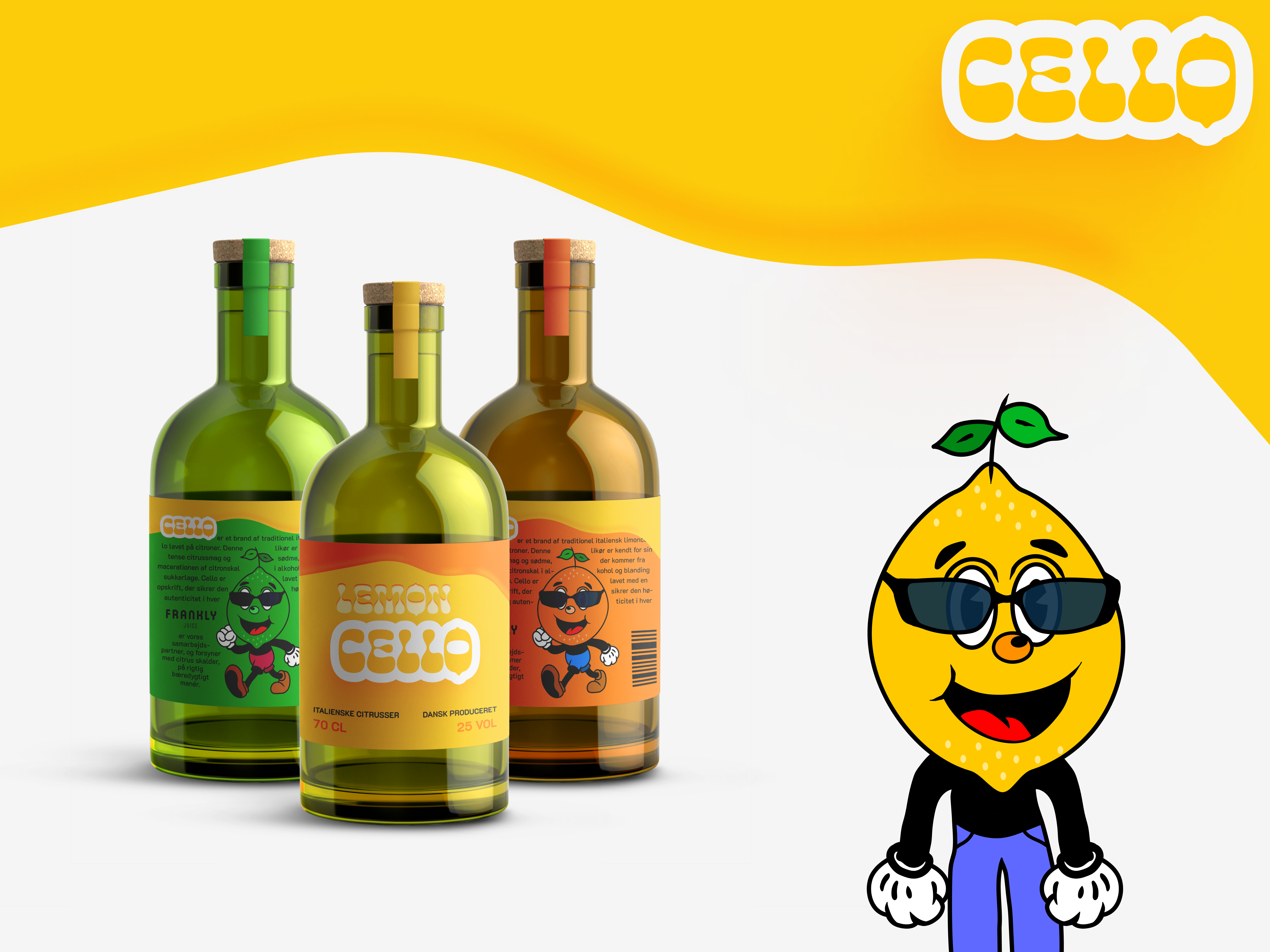 Cello - A Lemoncello Drink | BRANDING bottle branding cello character design graphic design icon illustration lemoncello logo product design ui ux vector visuel identity webshop