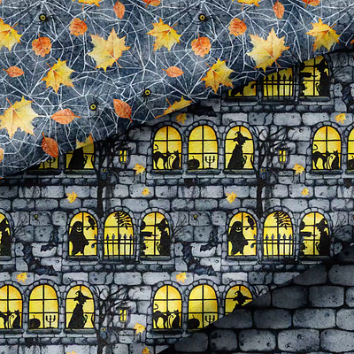 Halloween castle, digital paper seamless bat black cat brick castle design digital paper fortress hand drawn happy halloween pumpkin scarecrow scene seamless pattern silhouette wall watercolor witch