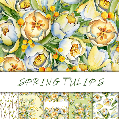 Tulip flowers, watercolor clipart and seamless digital paper yellow