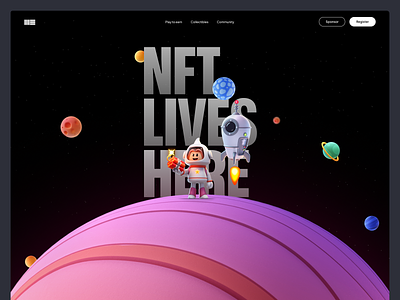 NFT event landing page 3d illustration bold colors crypto dark mode event event organizer illustration landing page nft typography waitlist web3