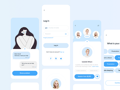 UI/UX design for mobile app online psychotherapy anxiety app app design counseling design digital illustration ios app massage mental mental health mental illness psychologist psychology relaxation self care session therapy ui ux