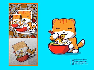 Cute cat cartoon eating ramen branding cartoon cat cat lover cute design eating graphic design happy illustration japan kids logo ramen tshirt ui vector website element