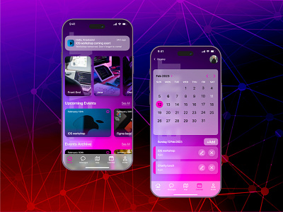 IT Event mobile app. Mobile events manager account panel calendar event mamager ios it event mobile app mobile ui pink purple timeline uiux user page user panel
