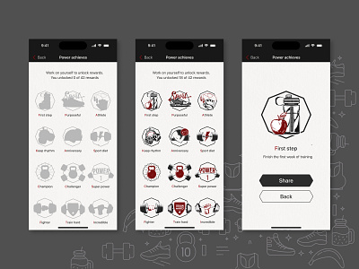 Sport mobile app. Achieves pages. Mobile UI achievements achieves animation black figma gamification gym mobile app mobile ui red sport ui design uiux