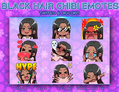 BLACK HAIR CHIBI branding design discord emotes graphic design illustration logo twitch