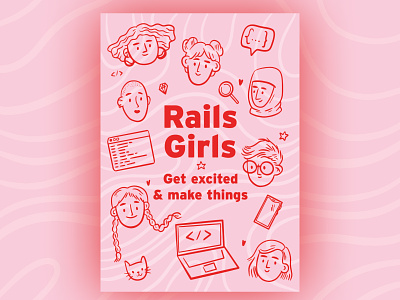 Rails Girls - inspiring event poster branding diversity graphic design illustration inclusion motivation pink poster programming event vector illustration welcoming women in tech workshop