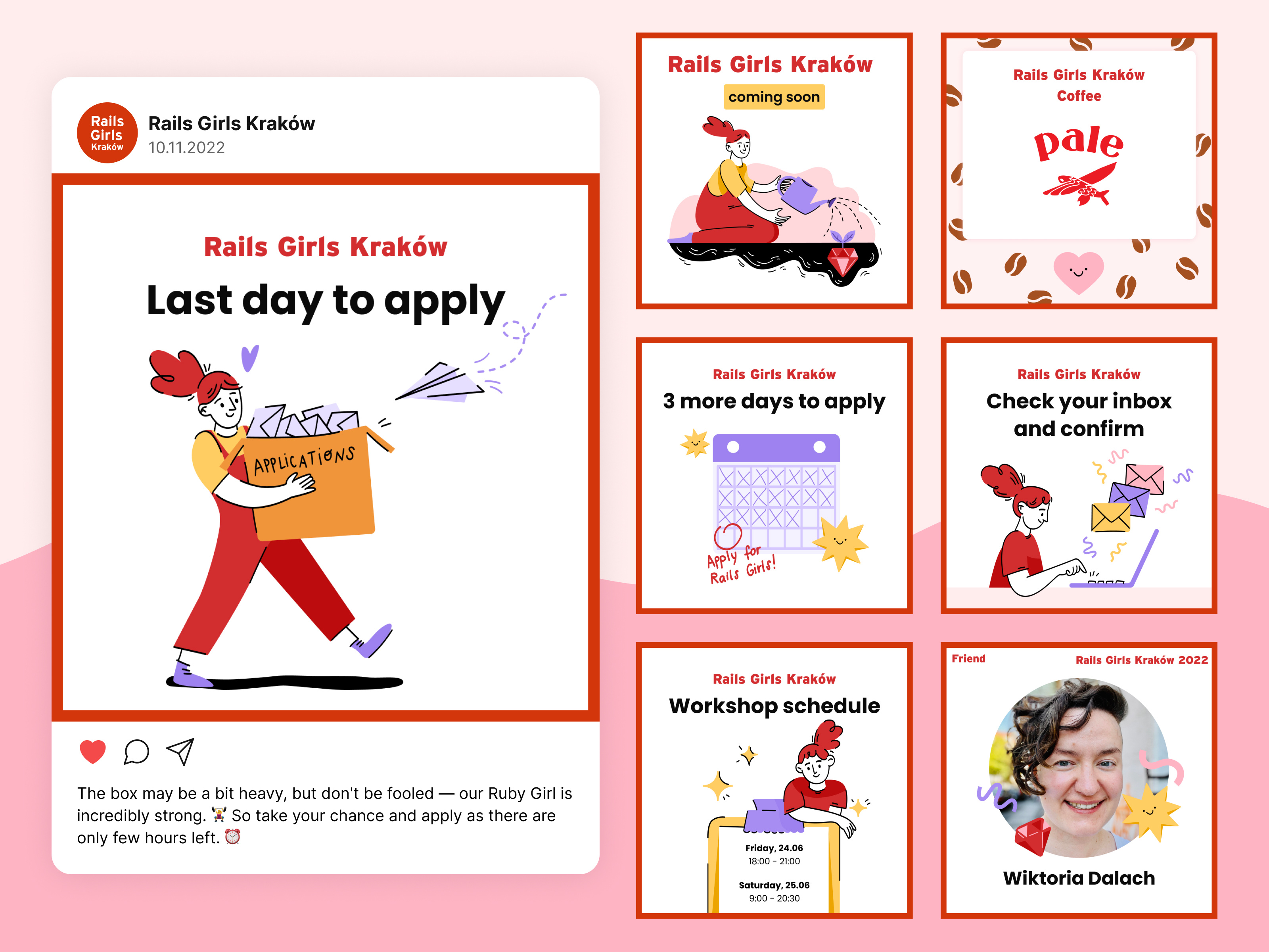 Rails Girls Kraków - Event Branding branding developer event branding event design graphic design hackaton illustration invitation pink programming reminder social media social media posts sponsors women in tech women programmer workshop