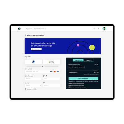 membership page - Select payment method. animation app ui branding card credit card finance landing page logo money payment product design saas typography ui ui ux ux web application web ui website
