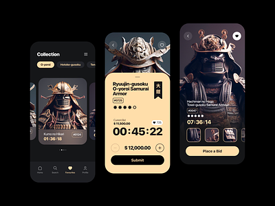 Samurai Armor Auction - App Concept app app design auction bid bidding collections concept design figma interface mobile mobile app product design samurai trade ui ui design