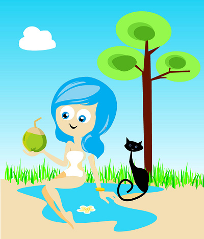 blue girl with black cat blue cat children s illustration digital illustration happywibes illustration summerwibes