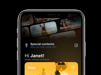 Pet lovers app - Home animation animals animation app cats design dogs exclusive content figma graphic design illustration iphone app motion graphics pet pets pets app ui ui design ux