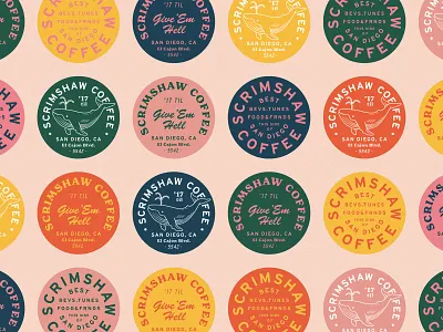 Scrimshaw Coffee badge branding circle coffee illustration lettering logo retro sticker whale