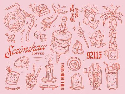 Scrimshaw Coffee bagel coffee deli flash sheet foodie hand drawn illustration palm tree san diego skate skull tattoo whale