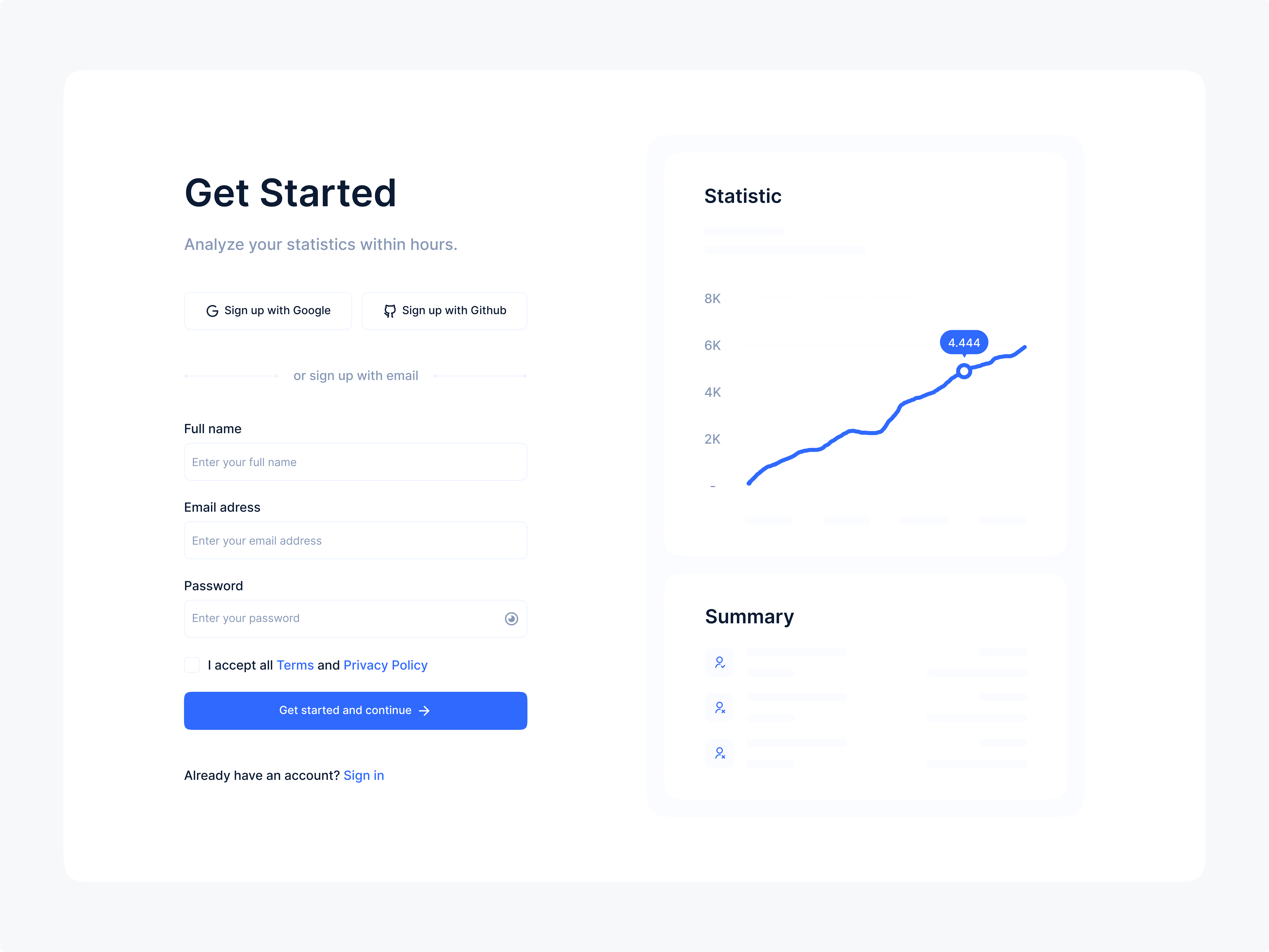 Get Started animation blue clean clean ui design form get started interface login login form minimal design motion onboarding register sign in sign up statistic ui ux web design
