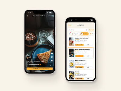 Mustard App app button clear design feed filter food interface light minimal mobile orange restaurant search ui ux video yellow