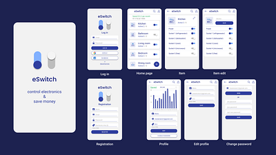 eSwitch app cards consumption chart control electromics design forms icons inputs login logo mobile app registation save money smart home switch ui