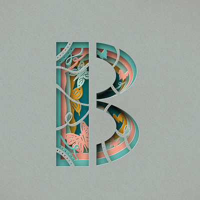 Letter B butterfly design hand lettering illustration letter b papercut pastel procreate relief typography