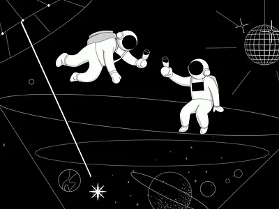 Mission Sleep Fitness astronaut backpack ball black and white champaign cocktail drink galaxy illustration party planet space star umbrella